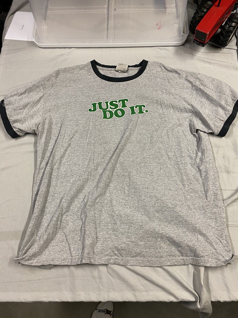 Vintage Nike T-shirt JDI Tag XL Blue Graphic Print Just Do It Gray Green Spellou